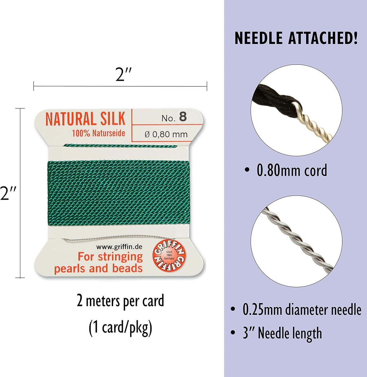 Griffin Silk Bead Cord Perlseide – Size 8 (0.80mm) – 2 Meters per Card – Stainless Steel Needle Attached – for Knotting Pearls, Gemstones, Crystals and Beads